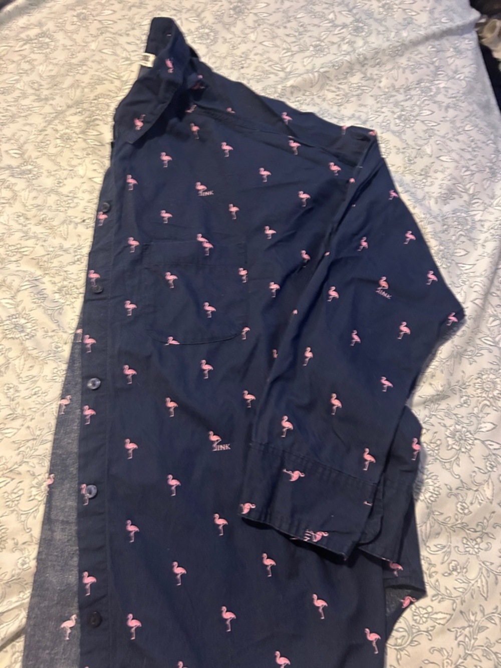 Navy Pink Flamingo Button-Up Shirt & Striped Bikini Set - Picture 9 of 11